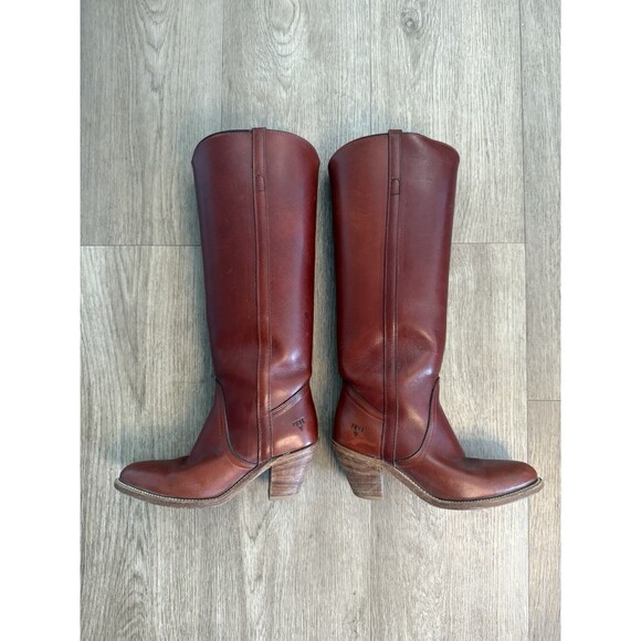 Frye Shoes - Vtg Frye 7360 Tall Riding Boots Womens 7B Red Leather Stacked Heel Dress Campus